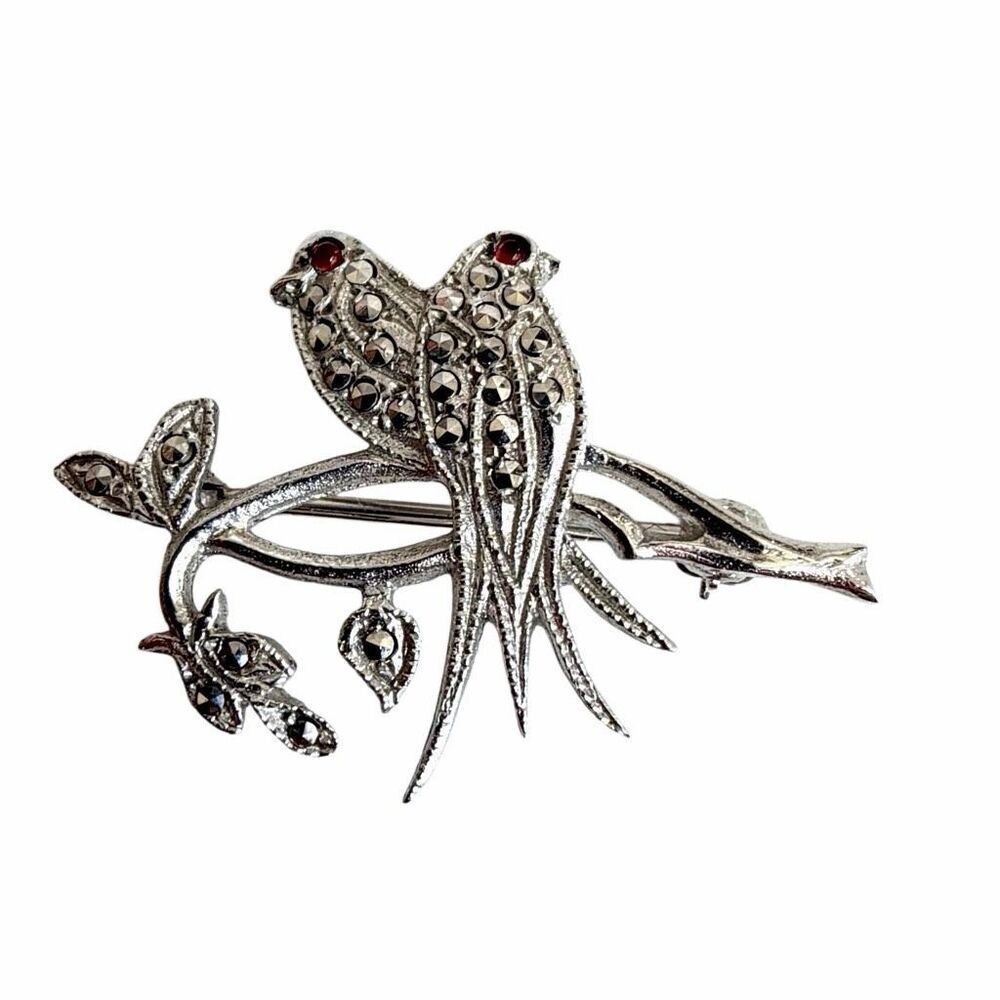 Vintage BY BRAND Sterling Silver Marcasite Lovebirds Brooch